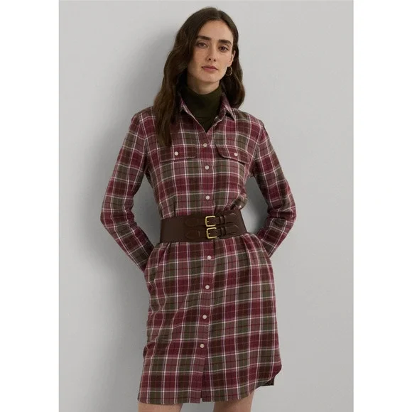 Lauren Ralph Lauren Women Checked Plaid Shirtdress Burgundy Multi Size 8 - Picture 3 of 5